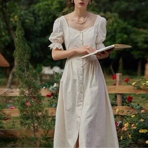 Ivory Puff-Sleeve Button-Front Midi Dress